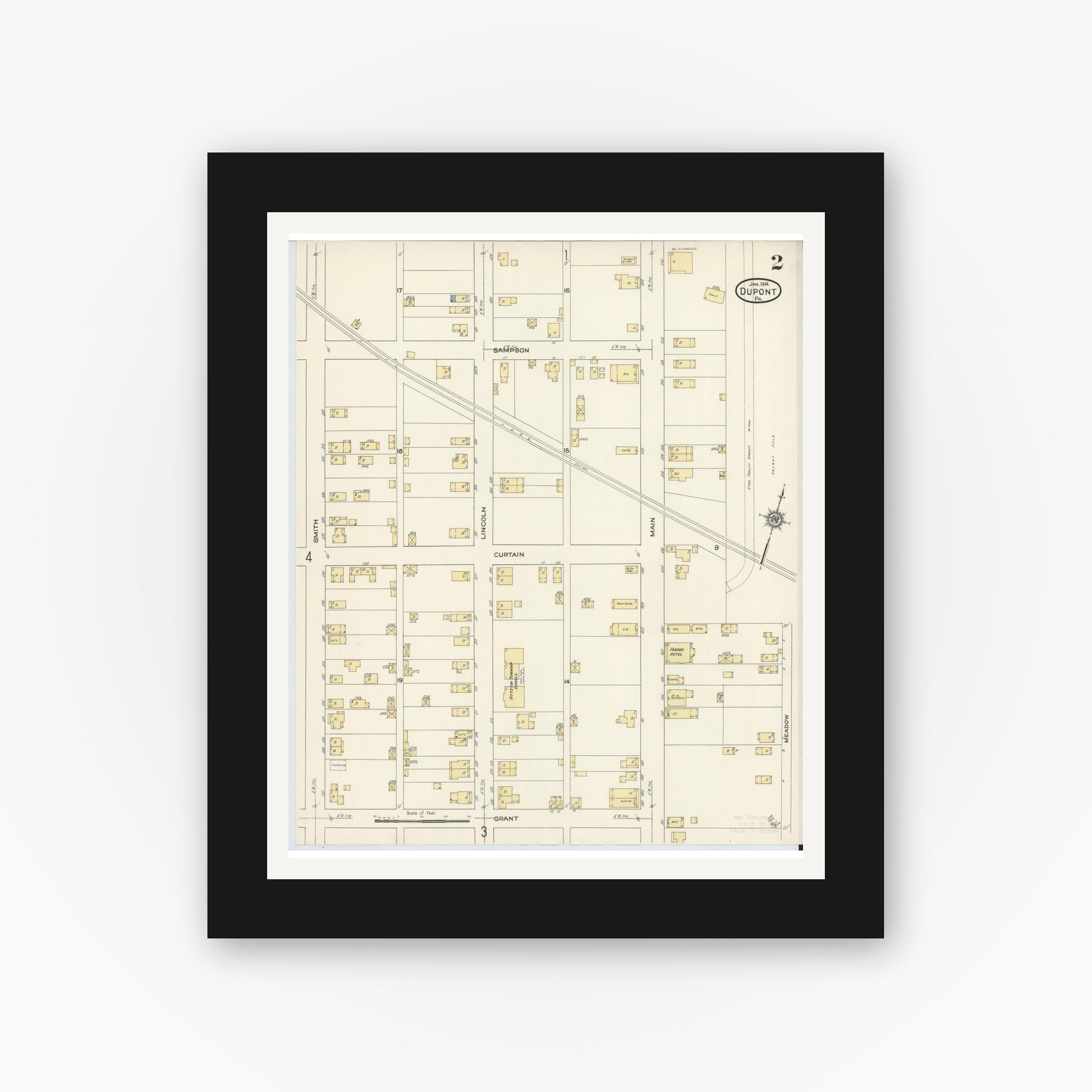 Old map wall art mockup — black gallery frame with white mat — Sanborn Fire Insurance Map from Dupont, Luzerne County, Pennsylvania (1914), Sheet #0002
