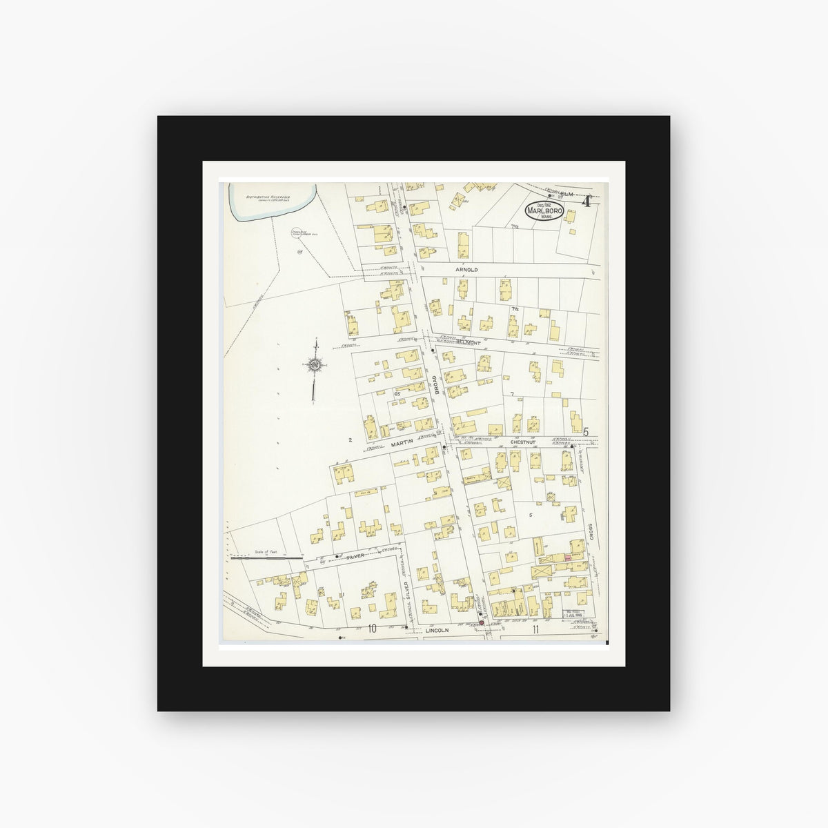 Old map wall art mockup — black gallery frame with white mat — Sanborn Fire Insurance Map from Marlborough, Middlesex County, Massachusetts (1912), Sheet #0004
