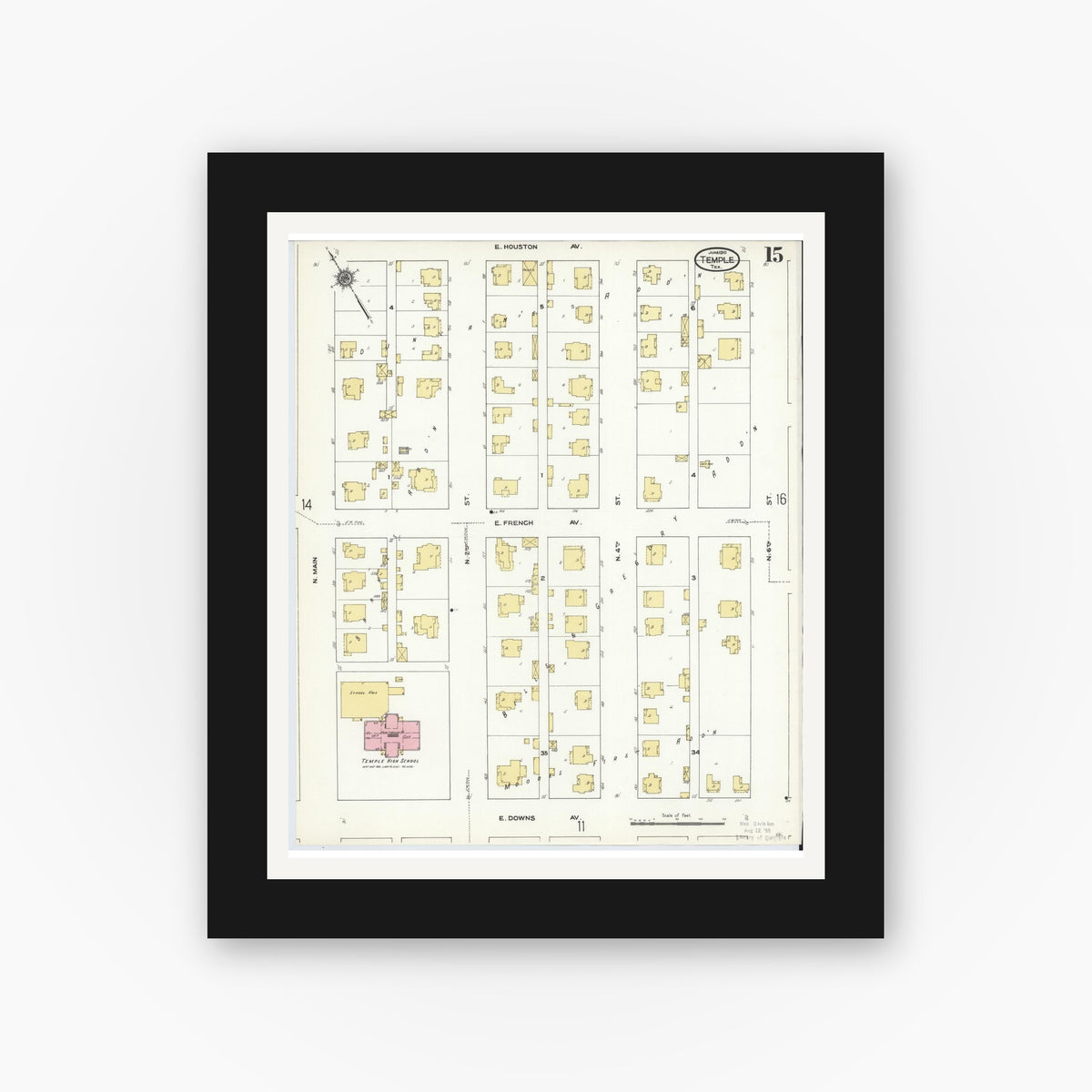 Old map wall art mockup — black gallery frame with white mat — Sanborn Fire Insurance Map from Temple, Bell County, Texas (1910), Sheet #0015