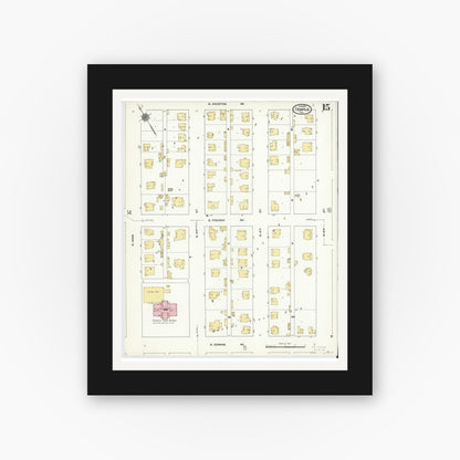 Old map wall art mockup — black gallery frame with white mat — Sanborn Fire Insurance Map from Temple, Bell County, Texas (1910), Sheet #0015