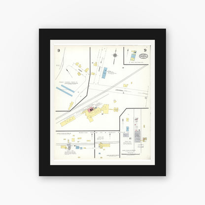 Old map wall art mockup — black gallery frame with white mat — Sanborn Fire Insurance Map from Akron, Erie County, New York (1923), Sheet #0009