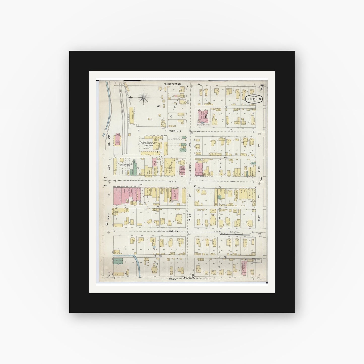 Old map wall art mockup — black gallery frame with white mat — Sanborn Fire Insurance Map from Joplin, Jasper County, Missouri (1896), Sheet #0007