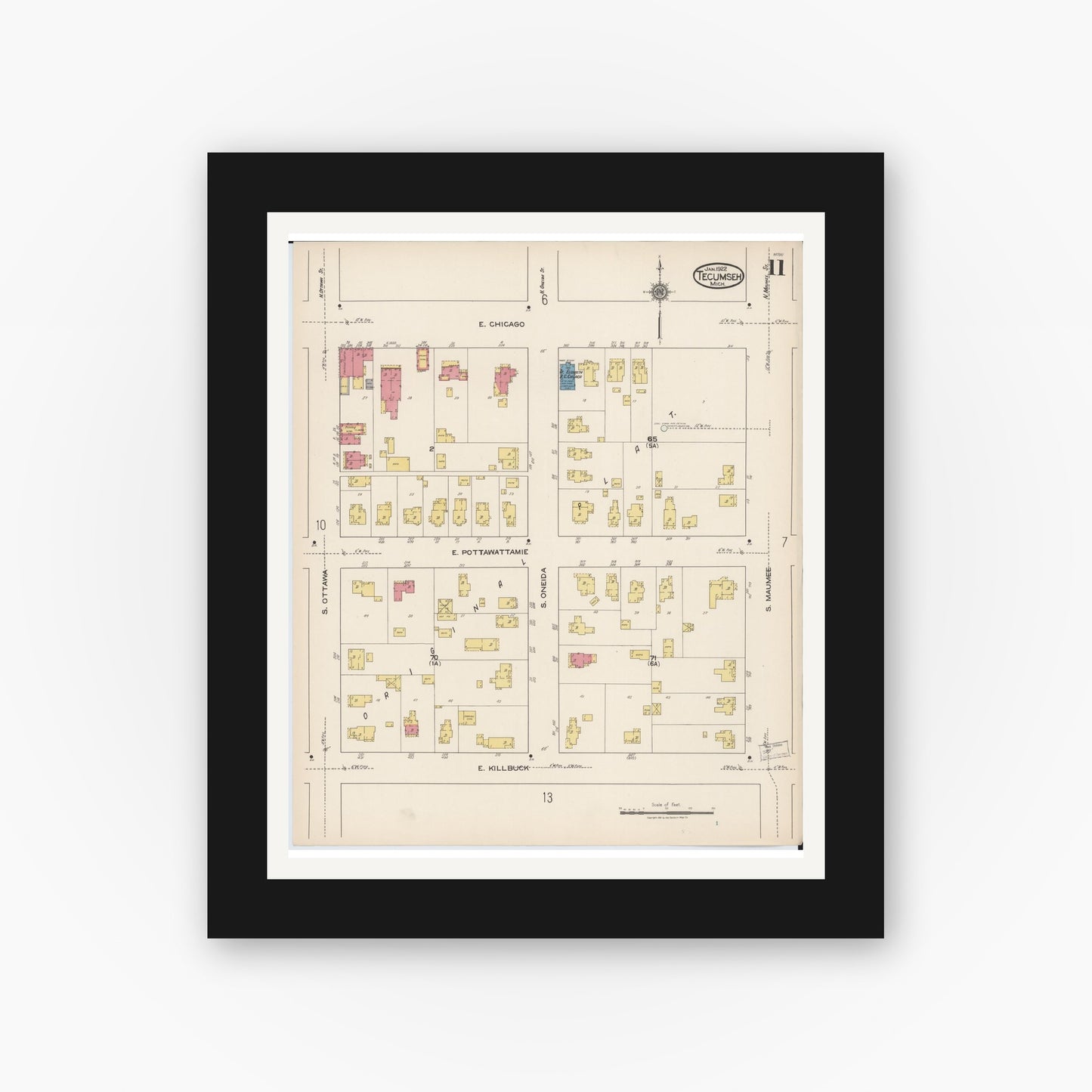 Old map wall art mockup — black gallery frame with white mat — Sanborn Fire Insurance Map from Tecumseh, Lenawee County, Michigan (1922), Sheet #0011