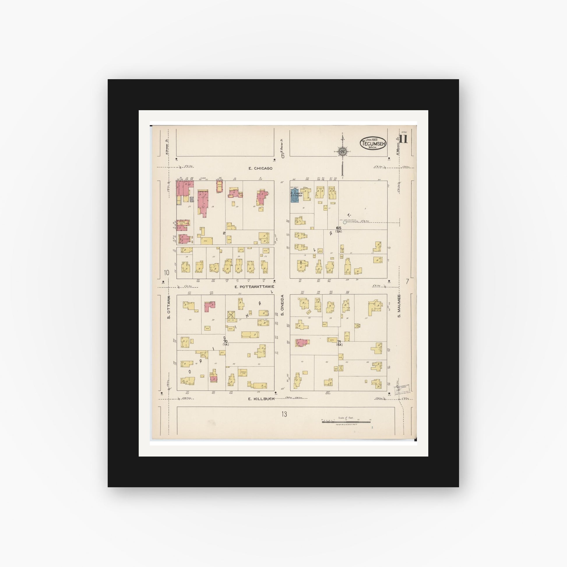 Old map wall art mockup — black gallery frame with white mat — Sanborn Fire Insurance Map from Tecumseh, Lenawee County, Michigan (1922), Sheet #0011