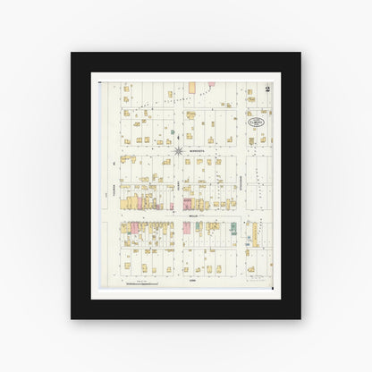 Old map wall art mockup — black gallery frame with white mat — Sanborn Fire Insurance Map from Elmore, Faribault County, Minnesota (1899), Sheet #0002