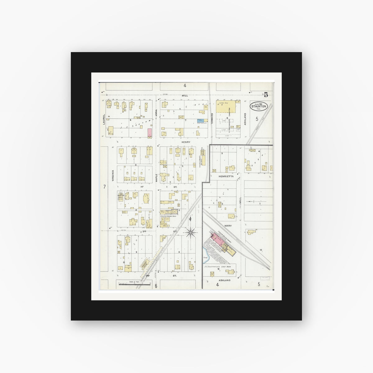 Old map wall art mockup — black gallery frame with white mat — Sanborn Fire Insurance Map from Staunton, Macoupin County, Illinois (1906), Sheet #0005