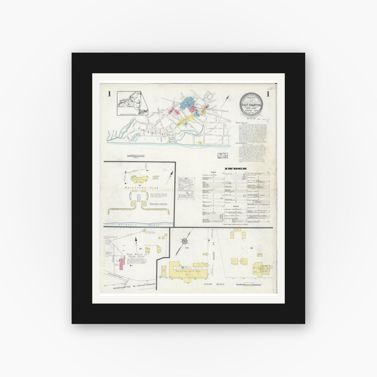 Old map wall art mockup — black gallery frame with white mat — Sanborn Fire Insurance Map from Easthampton, Suffolk County, New York (1929) - Complete Map Set