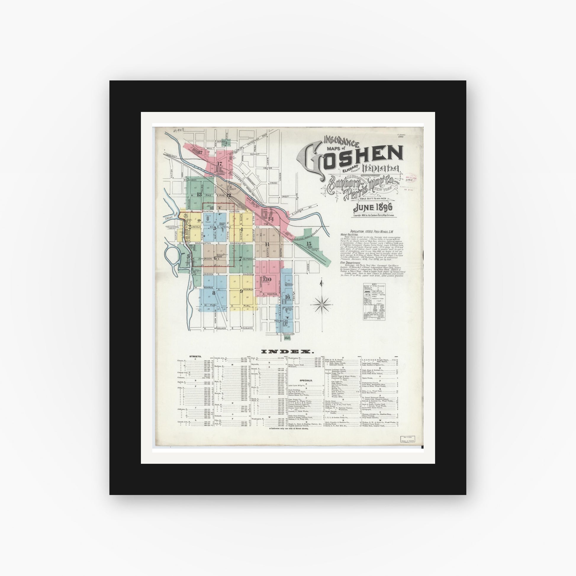 Old map wall art mockup — black gallery frame with white mat — Sanborn Fire Insurance Map from Goshen, Elkhart County, Indiana (1896) - Complete Map Set