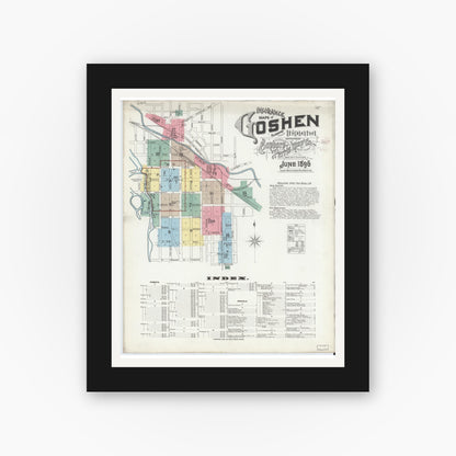 Old map wall art mockup — black gallery frame with white mat — Sanborn Fire Insurance Map from Goshen, Elkhart County, Indiana (1896) - Complete Map Set
