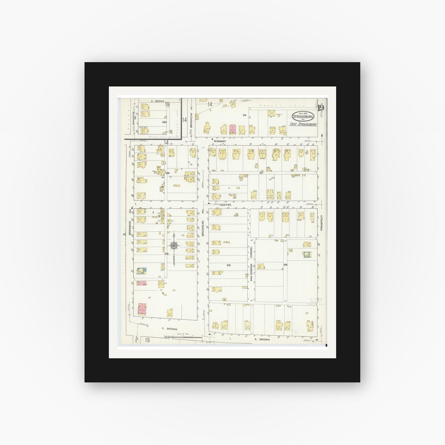 Old map wall art mockup — black gallery frame with white mat — Sanborn Fire Insurance Map from Stroudsburg, Monroe County, Pennsylvania (1912), Sheet #0019