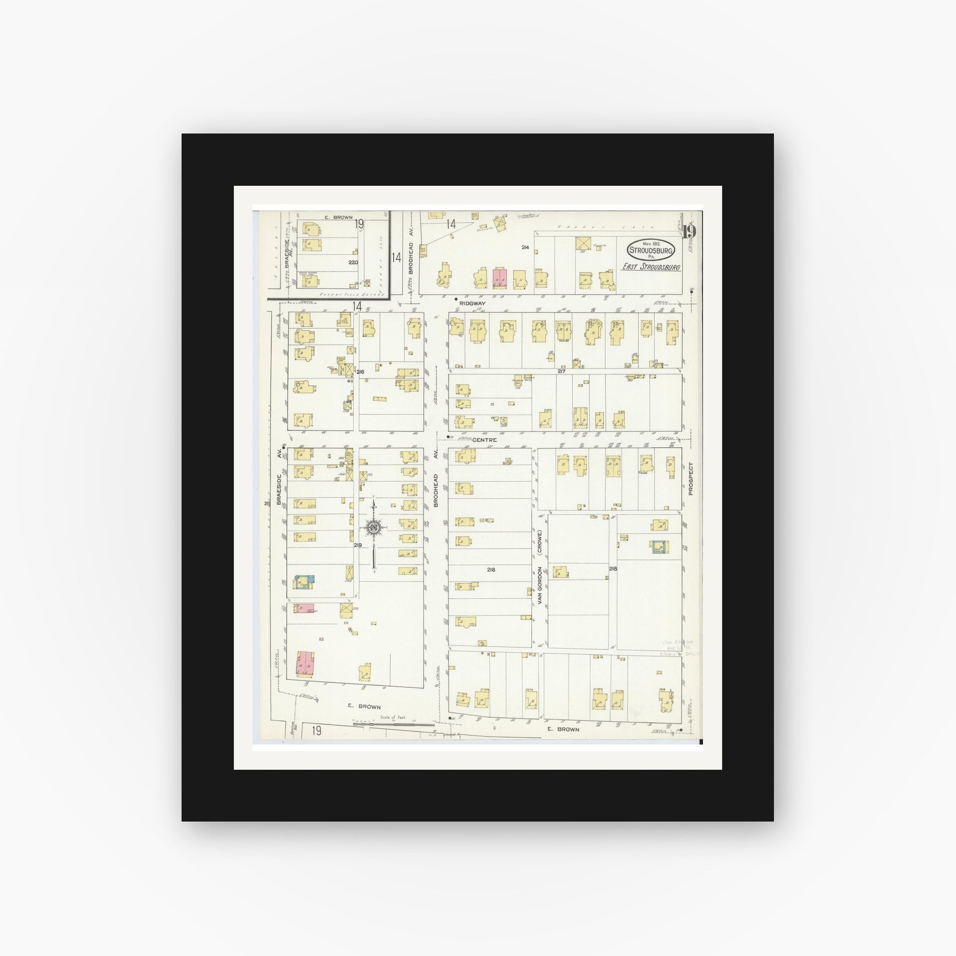 Old map wall art mockup — black gallery frame with white mat — Sanborn Fire Insurance Map from Stroudsburg, Monroe County, Pennsylvania (1912), Sheet #0019