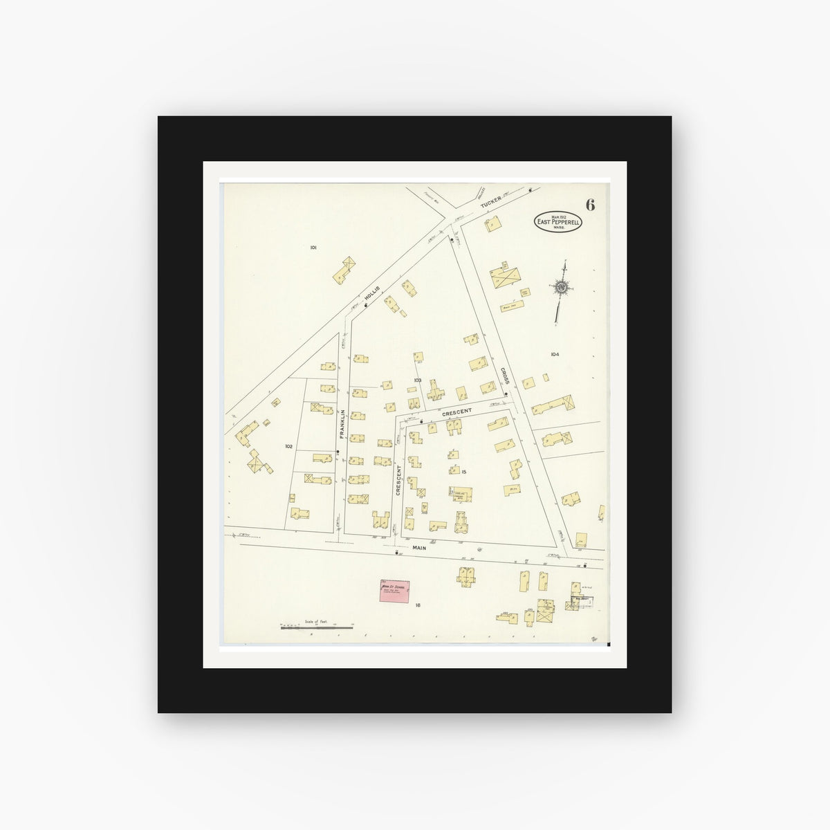 Old map wall art mockup — black gallery frame with white mat — Sanborn Fire Insurance Map from East Pepperell, Middlesex County, Massachusetts (1912), Sheet #0006