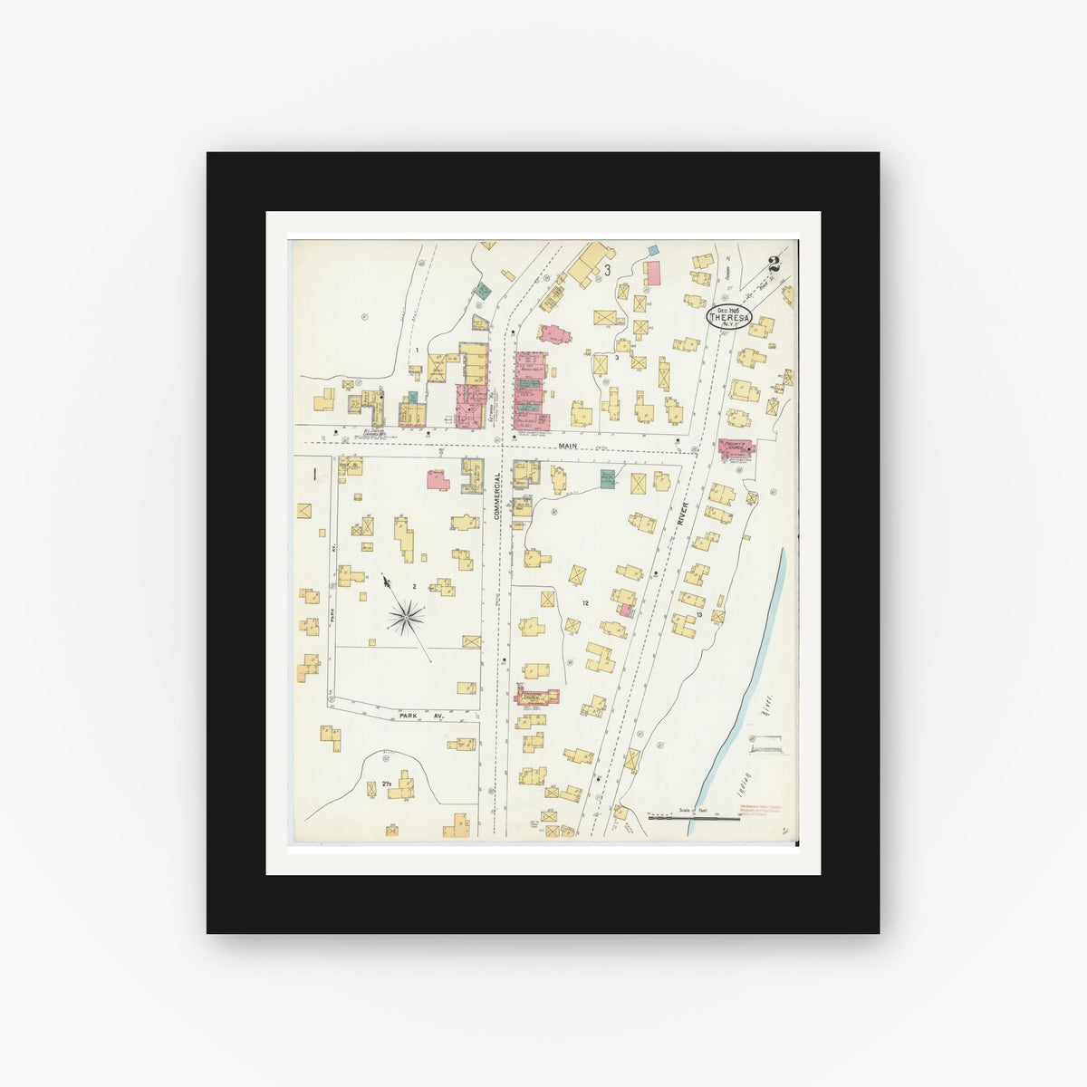 Old map wall art mockup — black gallery frame with white mat — Sanborn Fire Insurance Map from Theresa, Jefferson County, New York (1905), Sheet #0002