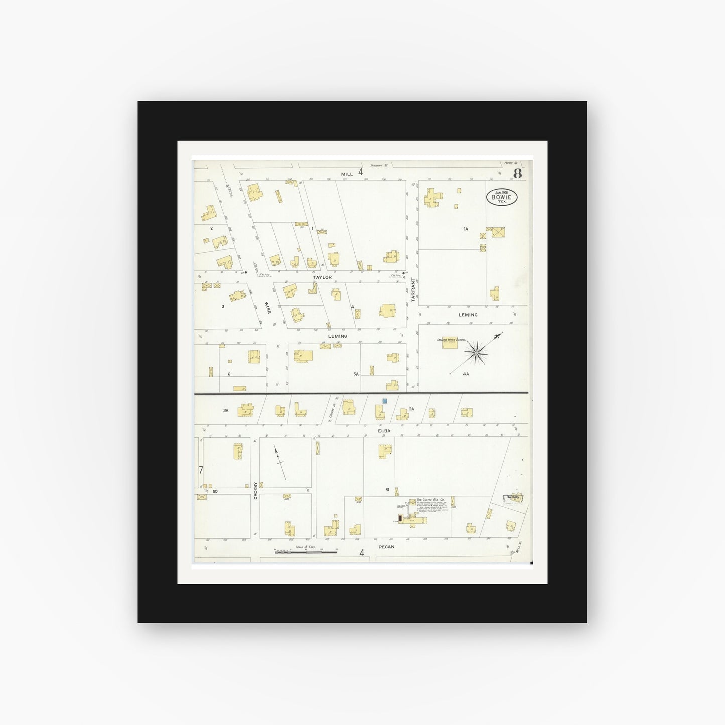 Old map wall art mockup — black gallery frame with white mat — Sanborn Fire Insurance Map from Bowie, Montague County, Texas (1908), Sheet #0008