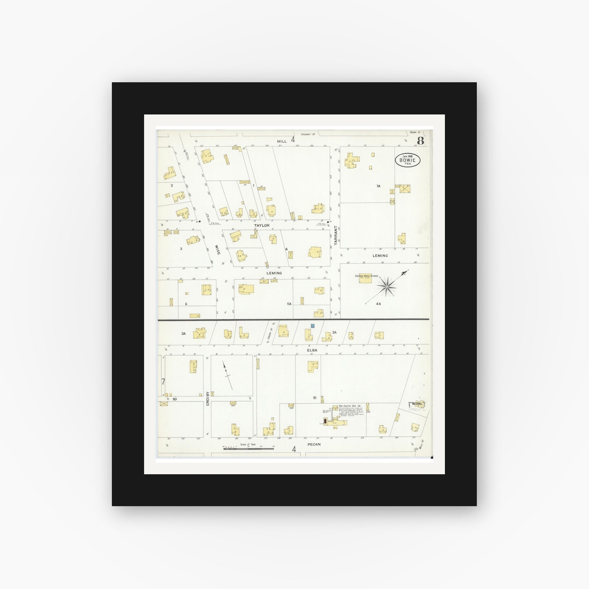 Old map wall art mockup — black gallery frame with white mat — Sanborn Fire Insurance Map from Bowie, Montague County, Texas (1908), Sheet #0008