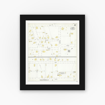 Old map wall art mockup — black gallery frame with white mat — Sanborn Fire Insurance Map from Bowie, Montague County, Texas (1908), Sheet #0008