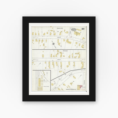 Old map wall art mockup — black gallery frame with white mat — Sanborn Fire Insurance Map from Danvers, Essex County, Massachusetts (1916), Sheet #0020