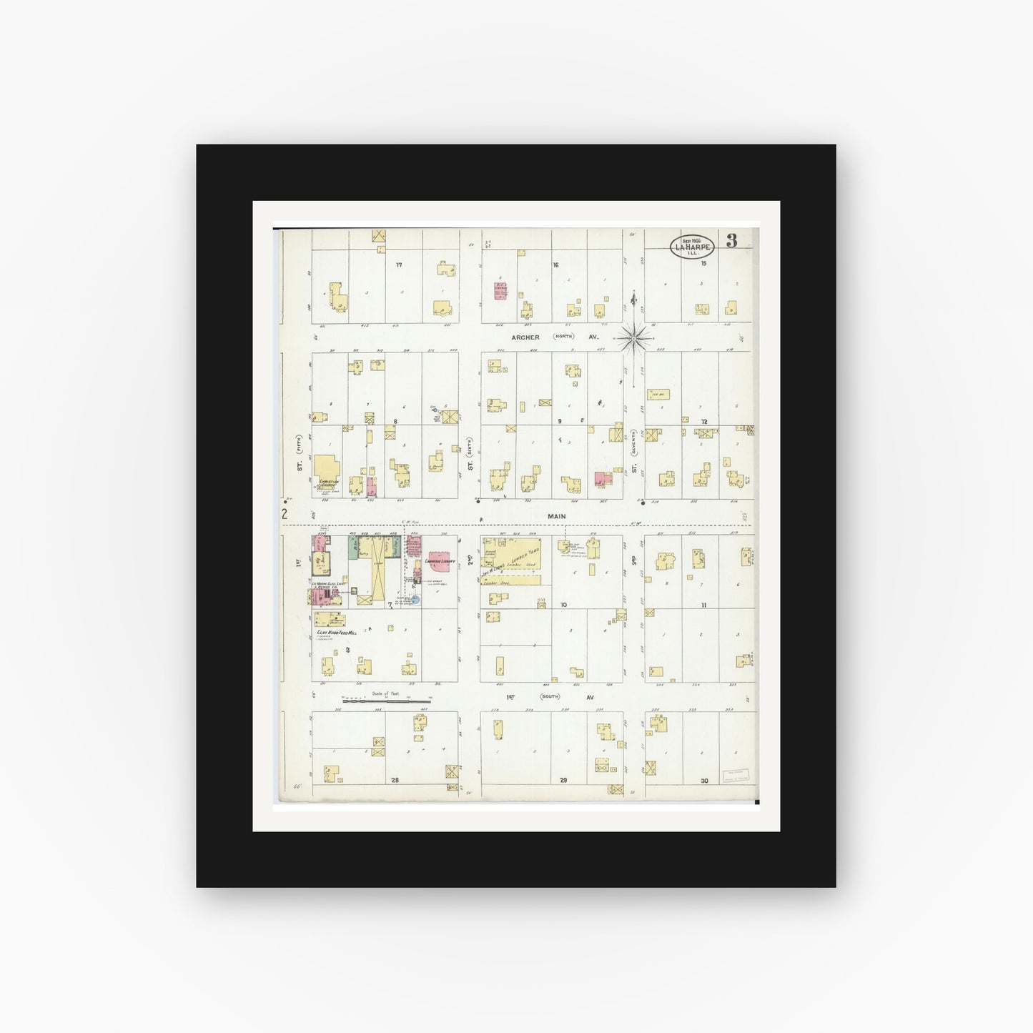 Old map wall art mockup — black gallery frame with white mat — Sanborn Fire Insurance Map from La Harpe, Hancock County, Illinois (1906), Sheet #0003