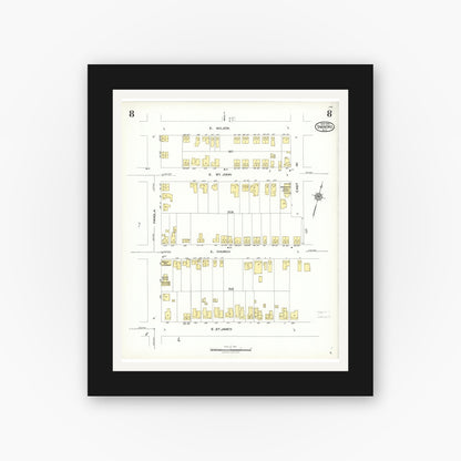 Old map wall art mockup — black gallery frame with white mat — Sanborn Fire Insurance Map from Tarboro, Edgecombe County, North Carolina (1923), Sheet #0008