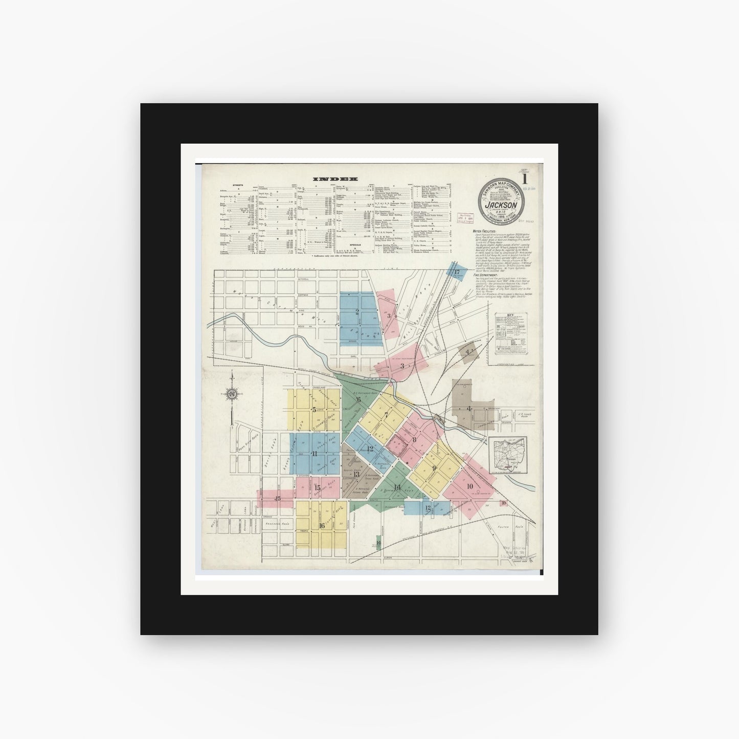 Old map wall art mockup — black gallery frame with white mat — Sanborn Fire Insurance Map from Jackson, Jackson County, Ohio (1914), Sheet #0001