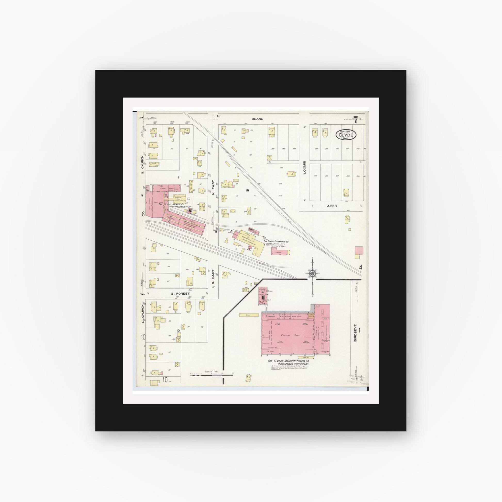 Old map wall art mockup — black gallery frame with white mat — Sanborn Fire Insurance Map from Clyde, Sandusky County, Ohio (1911), Sheet #0007