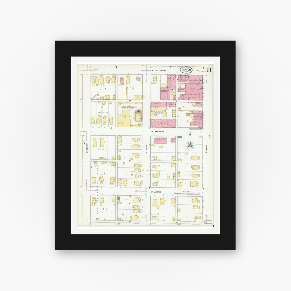 Old map wall art mockup — black gallery frame with white mat — Sanborn Fire Insurance Map from Tipton, Tipton County, Indiana (1909), Sheet #0011
