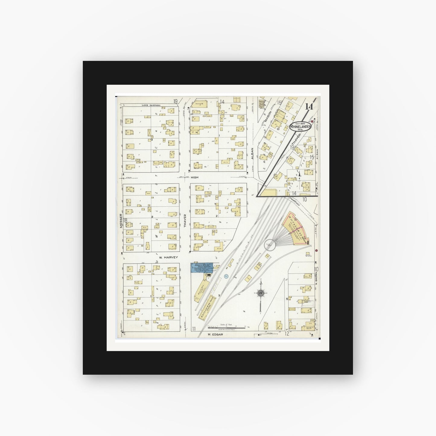 Old map wall art mockup — black gallery frame with white mat — Sanborn Fire Insurance Map from Rhinelander, Oneida County, Wisconsin (1920), Sheet #0014