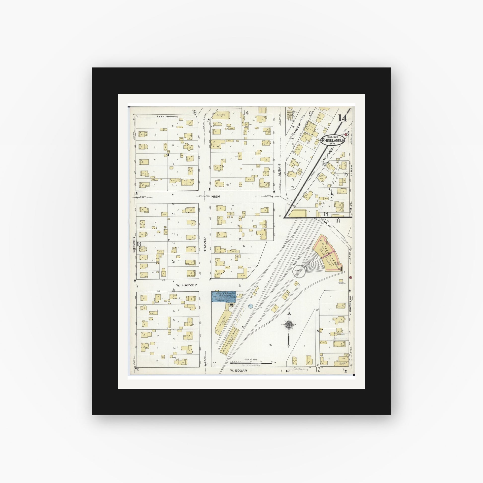 Old map wall art mockup — black gallery frame with white mat — Sanborn Fire Insurance Map from Rhinelander, Oneida County, Wisconsin (1920), Sheet #0014