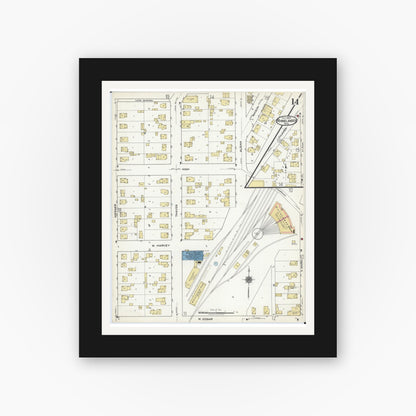 Old map wall art mockup — black gallery frame with white mat — Sanborn Fire Insurance Map from Rhinelander, Oneida County, Wisconsin (1920), Sheet #0014