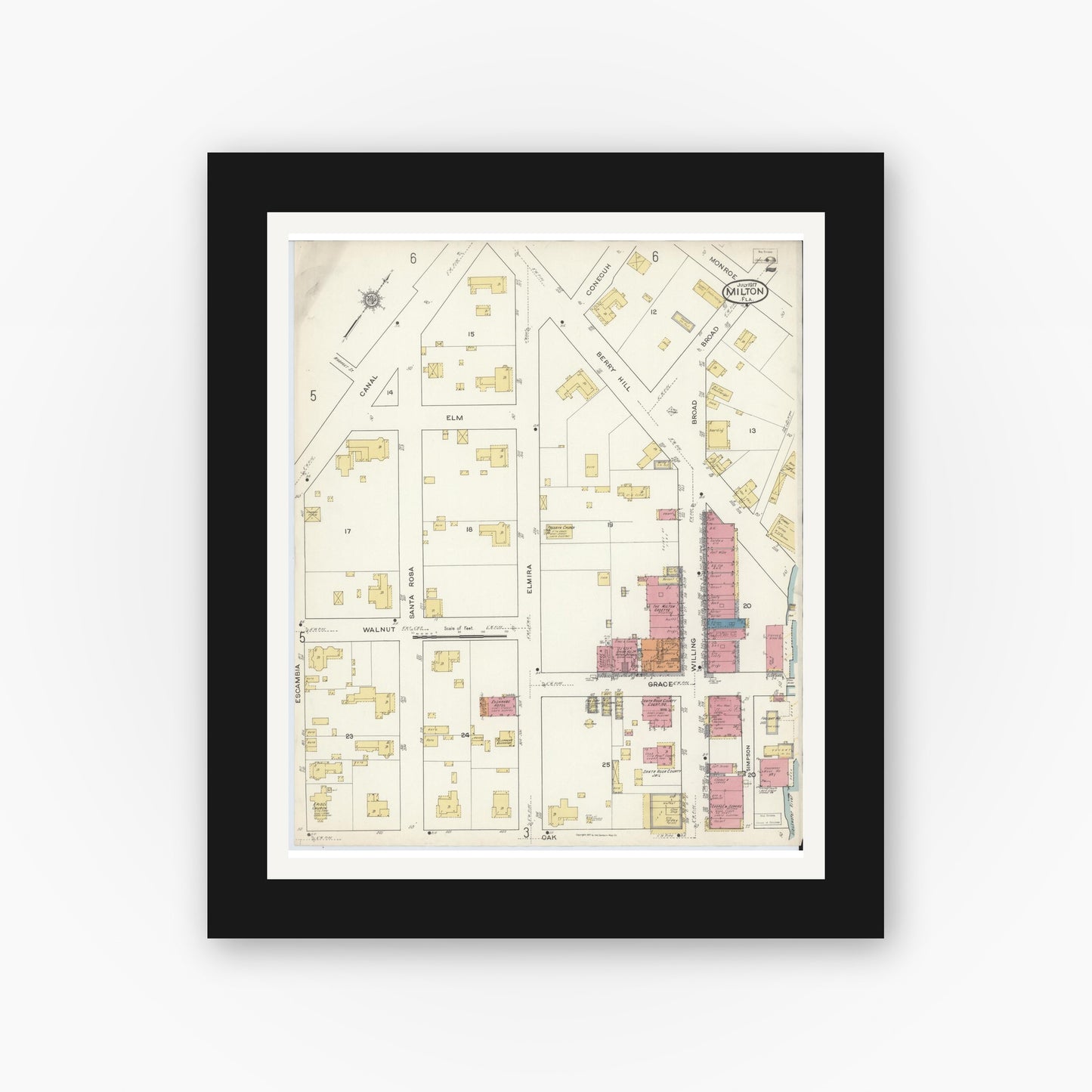 Old map wall art mockup — black gallery frame with white mat — Sanborn Fire Insurance Map from Milton, Santa Rosa County, Florida (1917), Sheet #0002