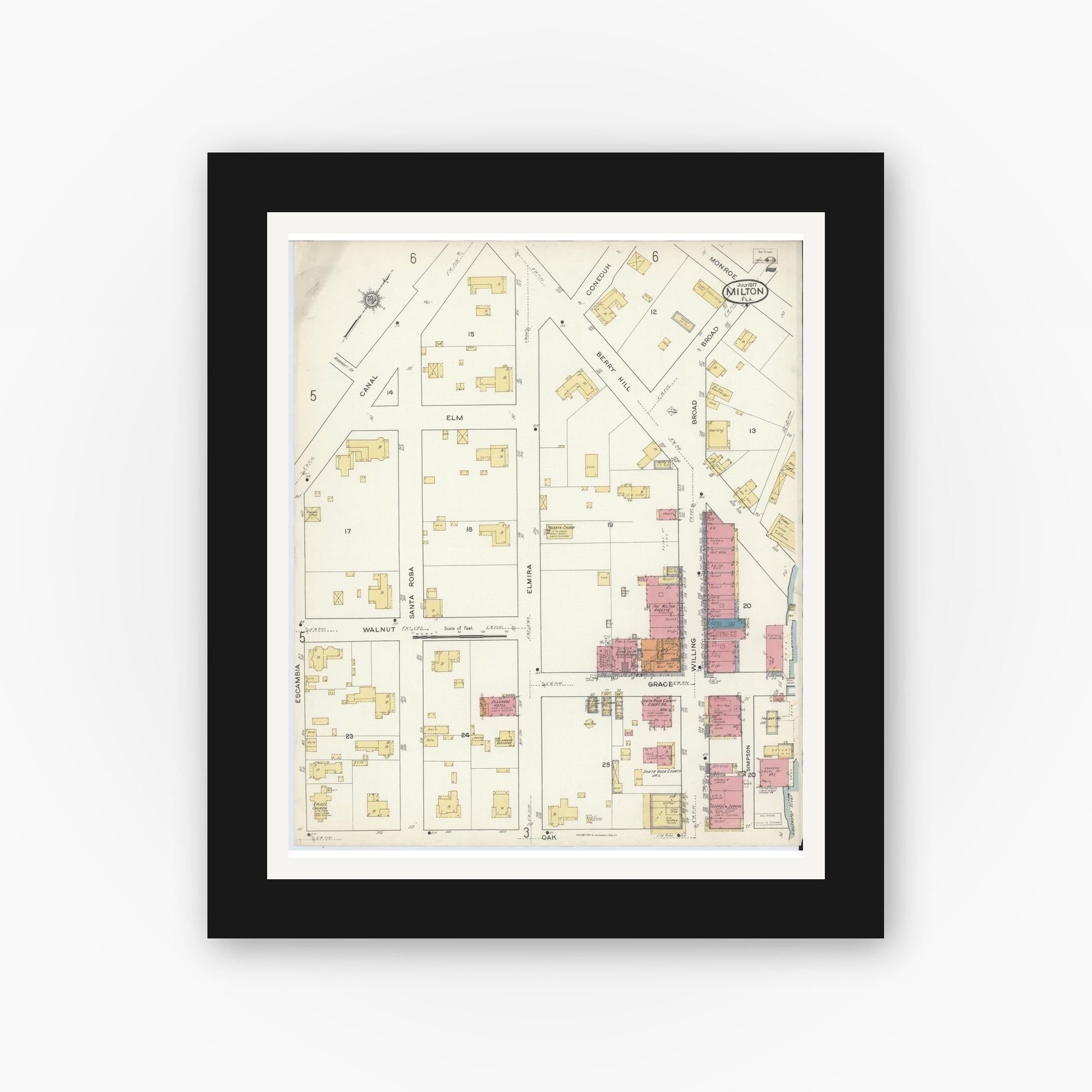 Old map wall art mockup — black gallery frame with white mat — Sanborn Fire Insurance Map from Milton, Santa Rosa County, Florida (1917), Sheet #0002