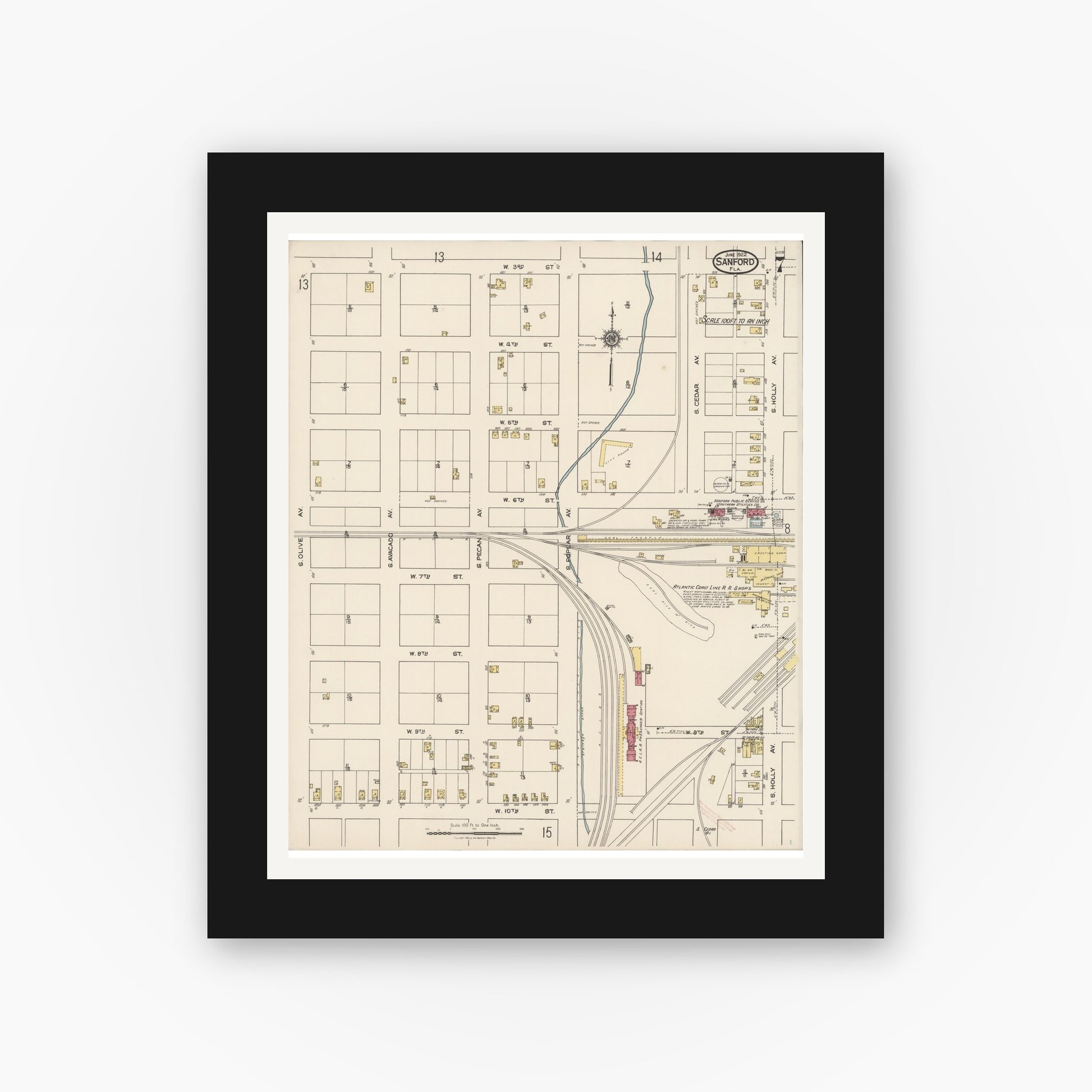 Old map wall art mockup — black gallery frame with white mat — Sanborn Fire Insurance Map from Sanford, Seminole County, Florida (1922), Sheet #0007