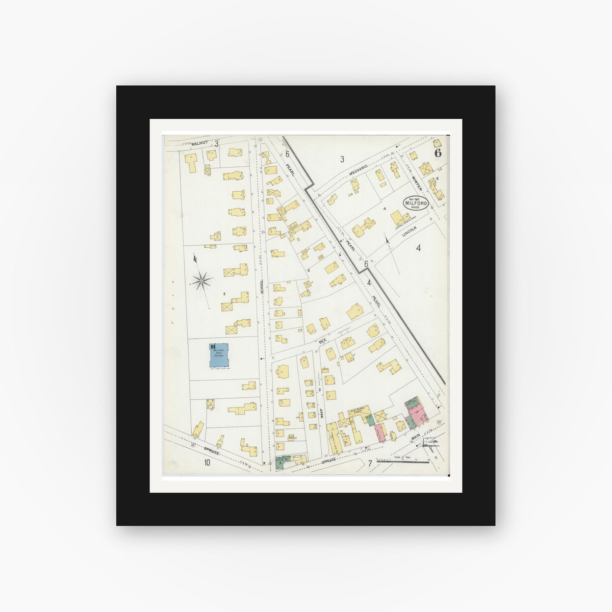 Old map wall art mockup — black gallery frame with white mat — Sanborn Fire Insurance Map from Milford, Worcester County, Massachusetts (1903), Sheet #0006