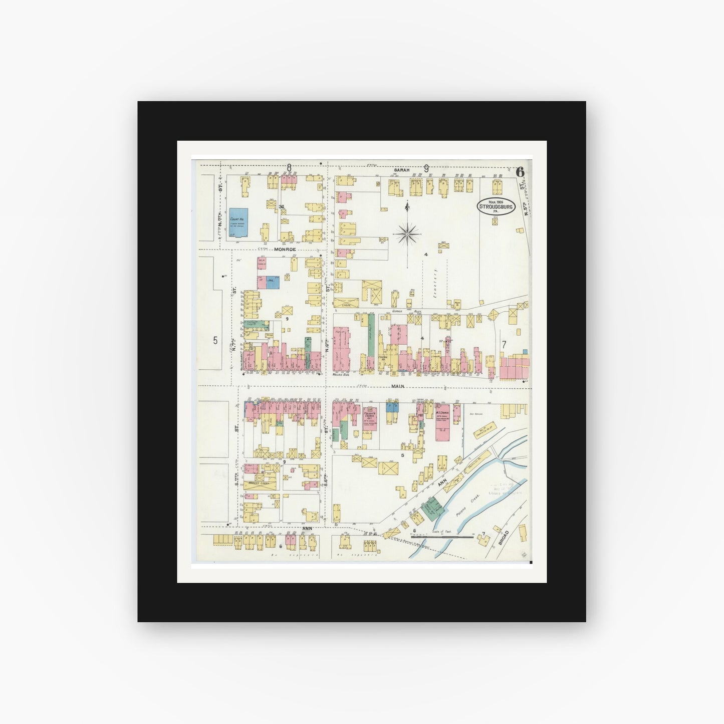 Old map wall art mockup — black gallery frame with white mat — Sanborn Fire Insurance Map from Stroudsburg, Monroe County, Pennsylvania (1905), Sheet #0006