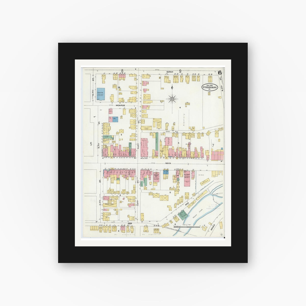 Old map wall art mockup — black gallery frame with white mat — Sanborn Fire Insurance Map from Stroudsburg, Monroe County, Pennsylvania (1905), Sheet #0006