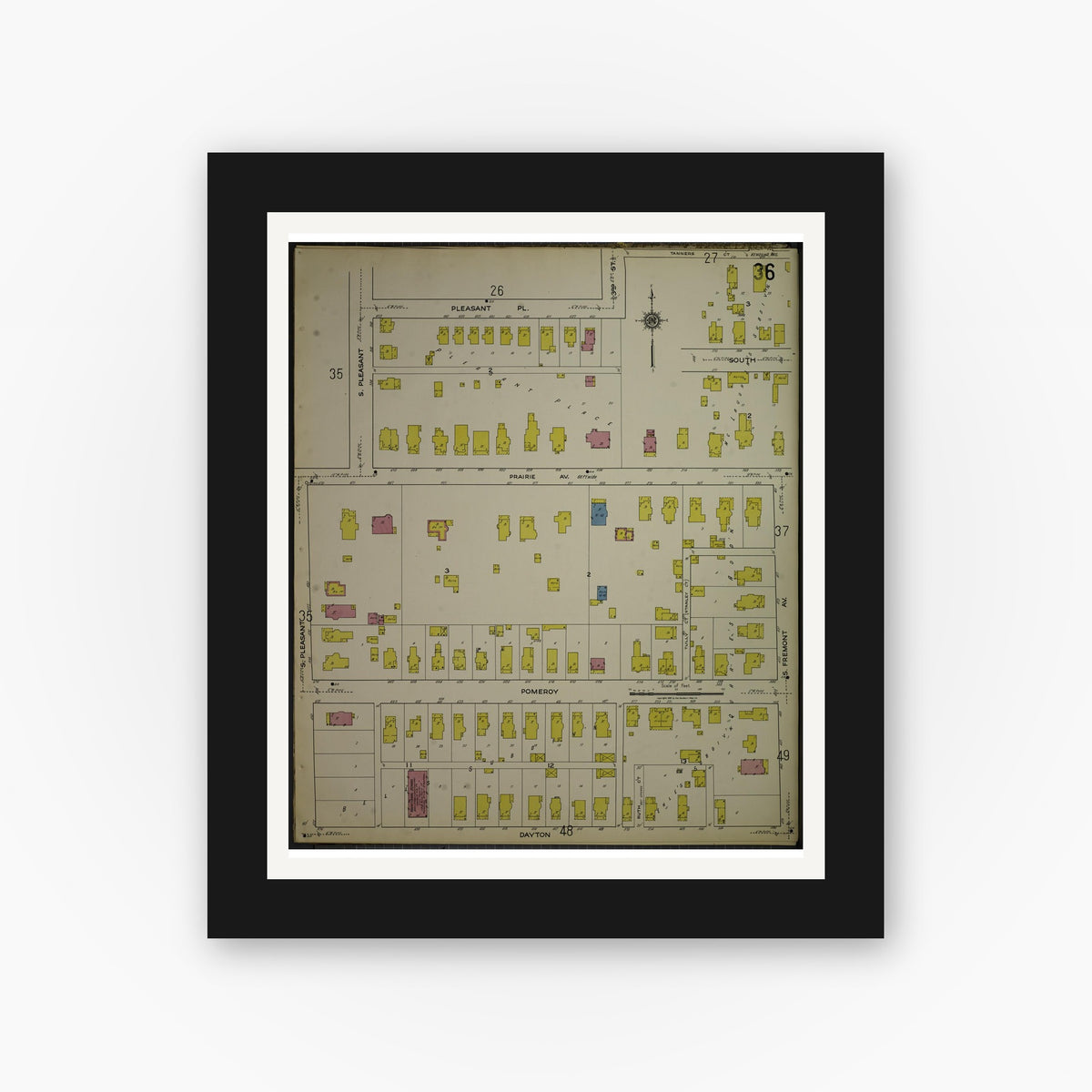 Old map wall art mockup — black gallery frame with white mat — Sanborn Fire Insurance Map from Kenosha, Kenosha County, Wisconsin. (1918), Sheet 40