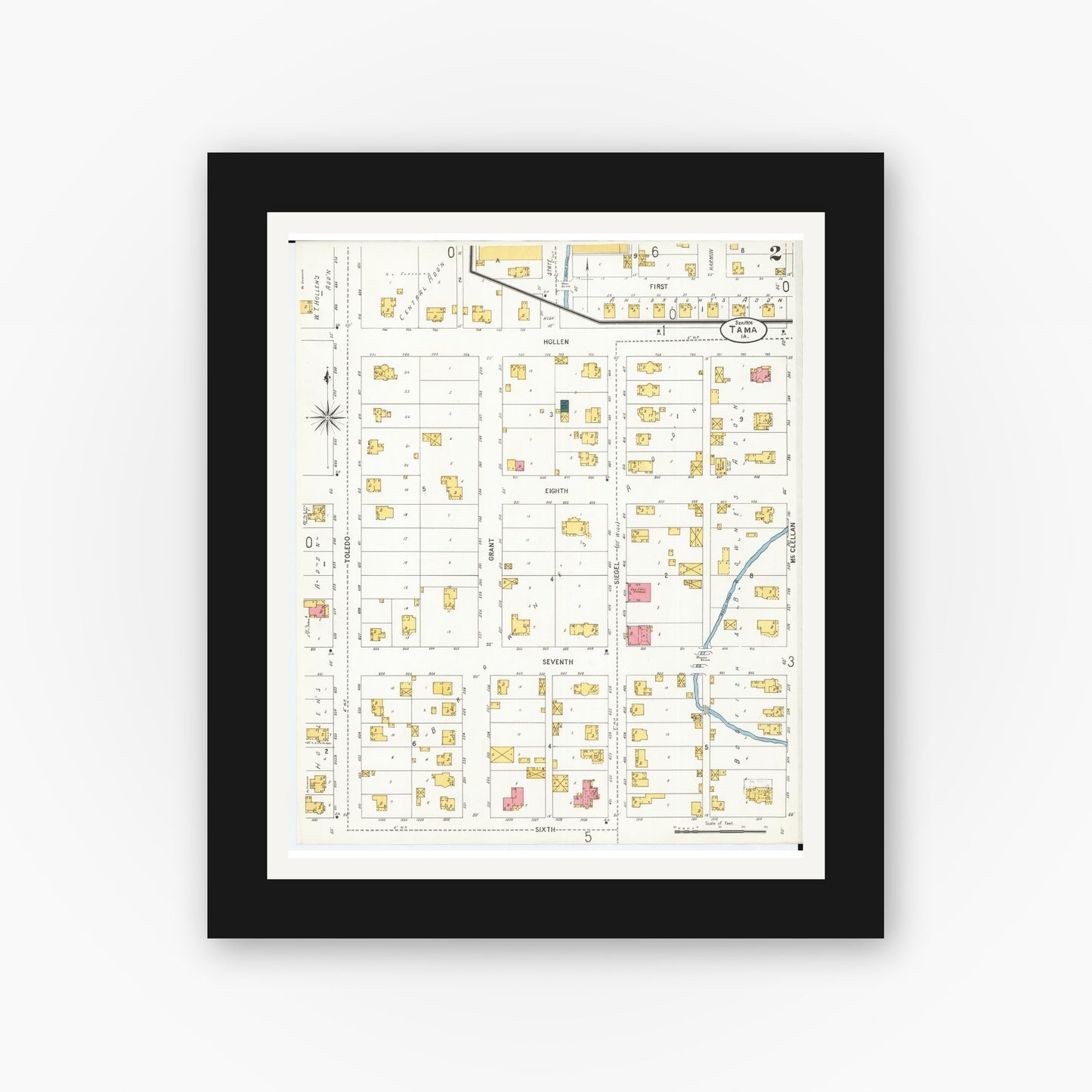 Old map wall art mockup — black gallery frame with white mat — Sanborn Fire Insurance Map from Tama, Tama County, Iowa (1906), Sheet #0002