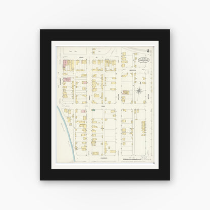 Old map wall art mockup — black gallery frame with white mat — Sanborn Fire Insurance Map from Confluence, Somerset County, Pennsylvania (1907), Sheet #0002