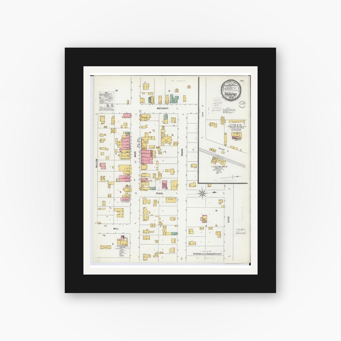 Old map wall art mockup — black gallery frame with white mat — Sanborn Fire Insurance Map from Springport, Jackson County, Michigan (1900), Sheet #0001