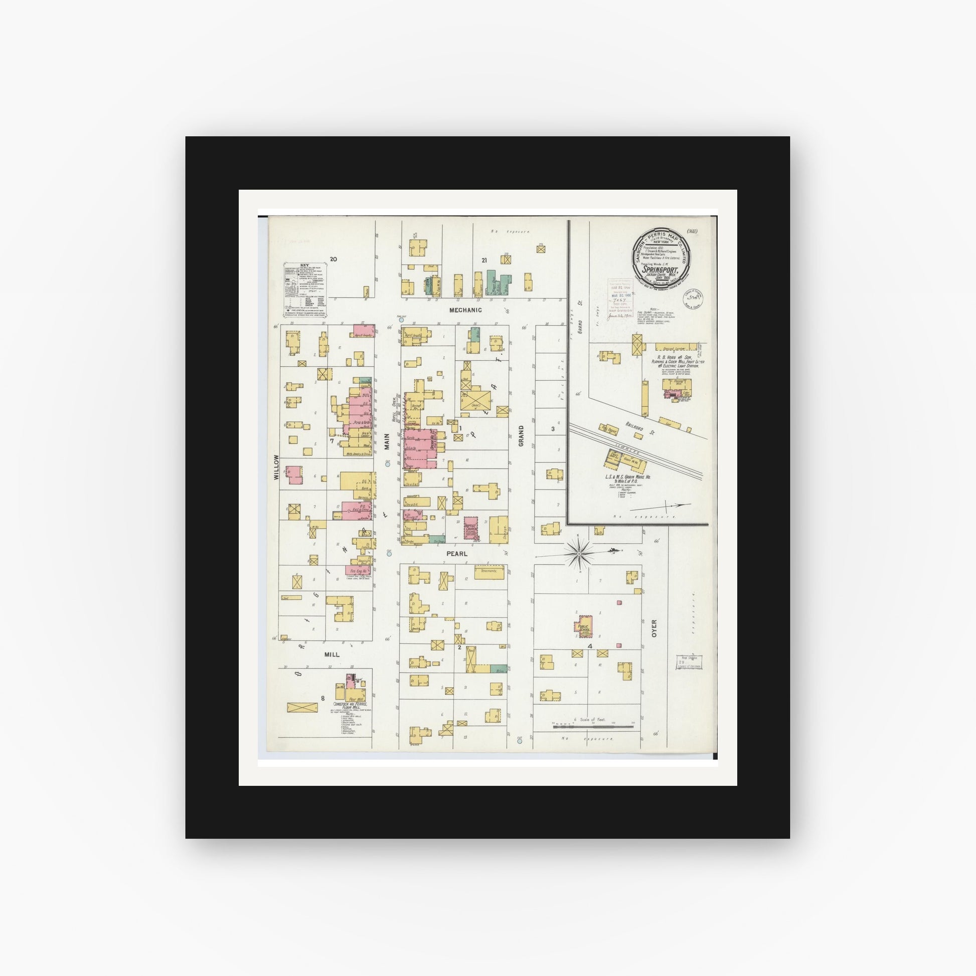 Old map wall art mockup — black gallery frame with white mat — Sanborn Fire Insurance Map from Springport, Jackson County, Michigan (1900), Sheet #0001