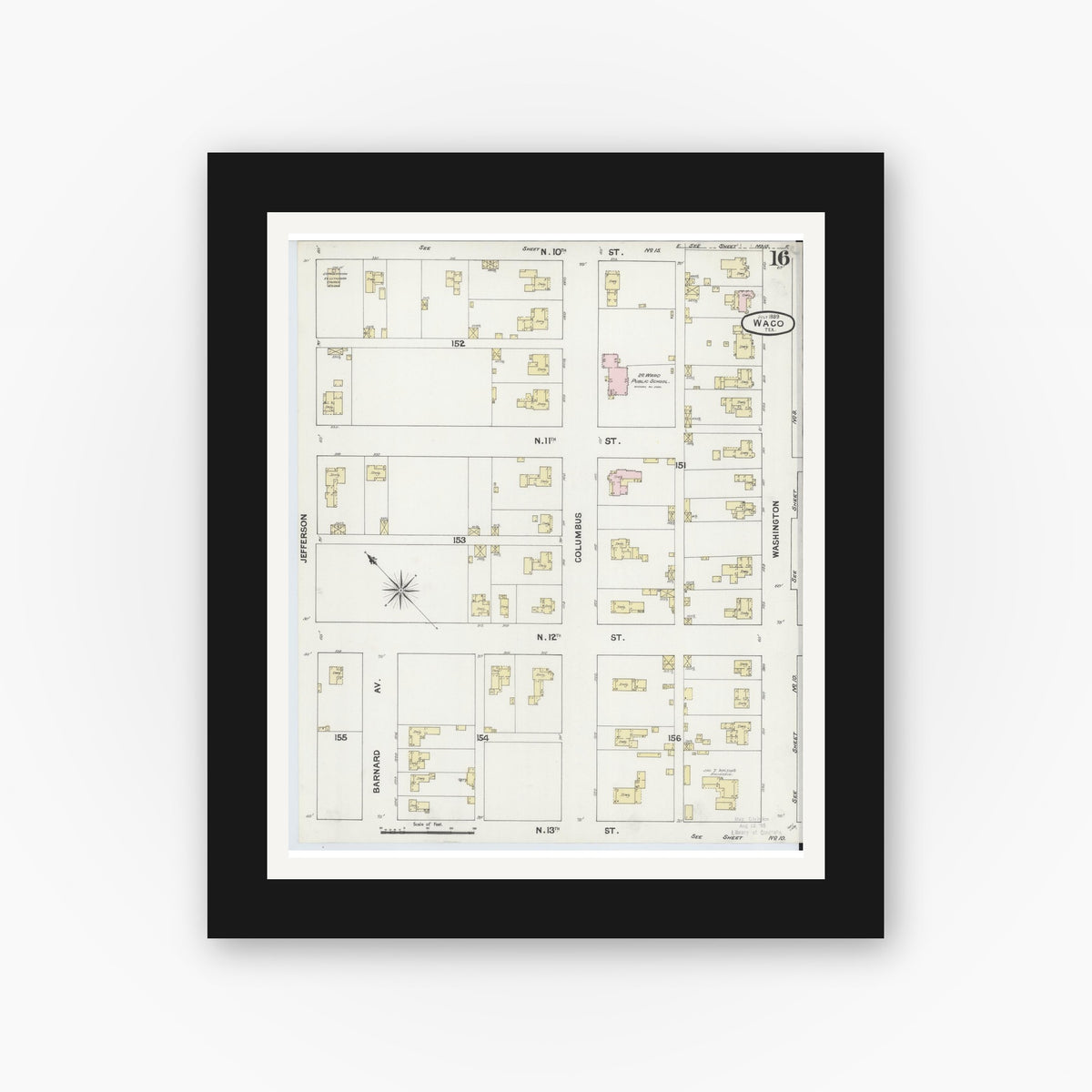 Old map wall art mockup — black gallery frame with white mat — Sanborn Fire Insurance Map from Waco, McLennan County, Texas (1889), Sheet #0016