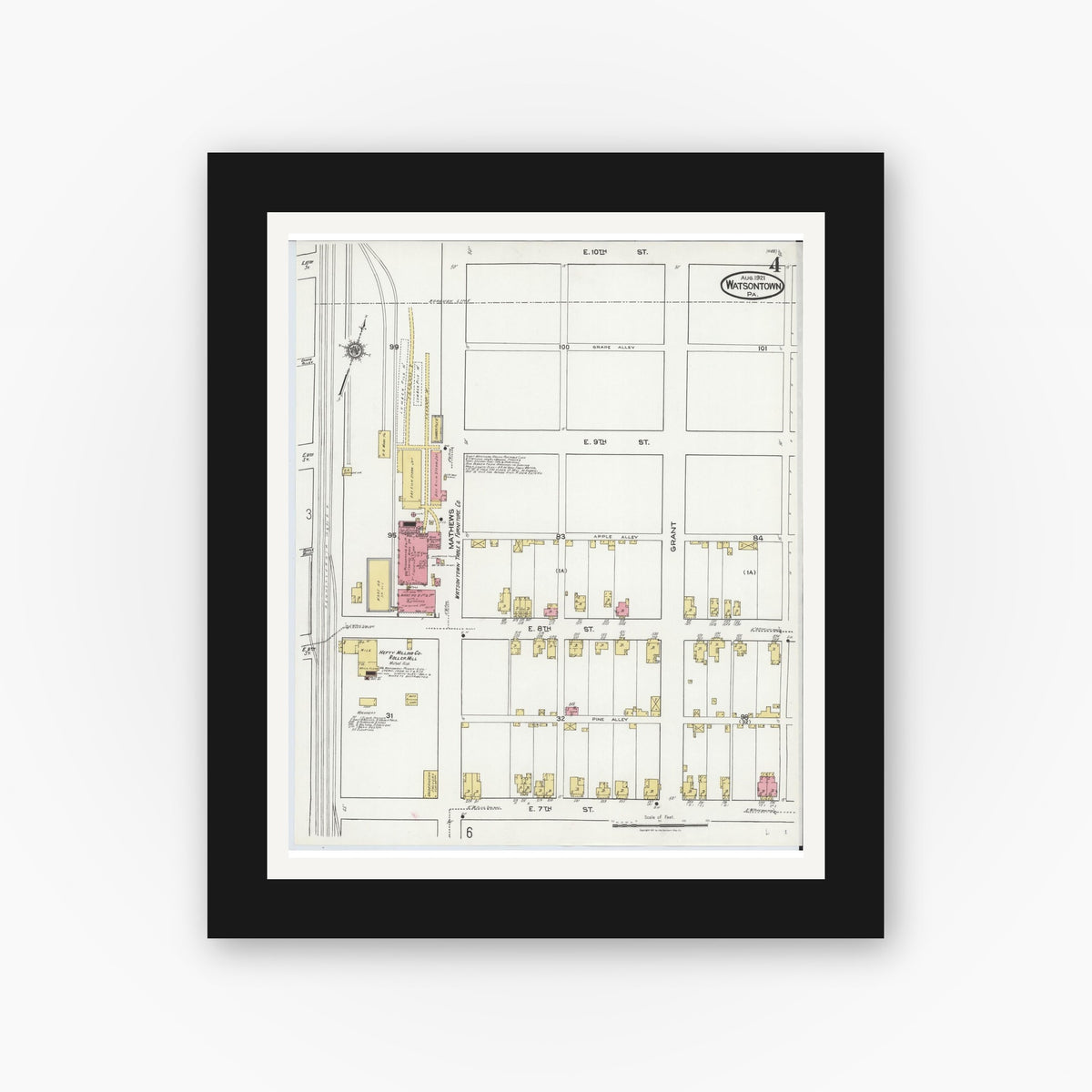 Old map wall art mockup — black gallery frame with white mat — Sanborn Fire Insurance Map from Watsontown, Northumberland County, Pennsylvania (1921), Sheet #0004