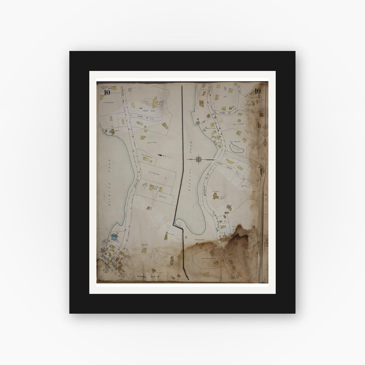 Old map wall art mockup — black gallery frame with white mat — Sanborn Fire Insurance Map from Cohasset, Norfolk County, Massachusetts (1963), Sheet #0010