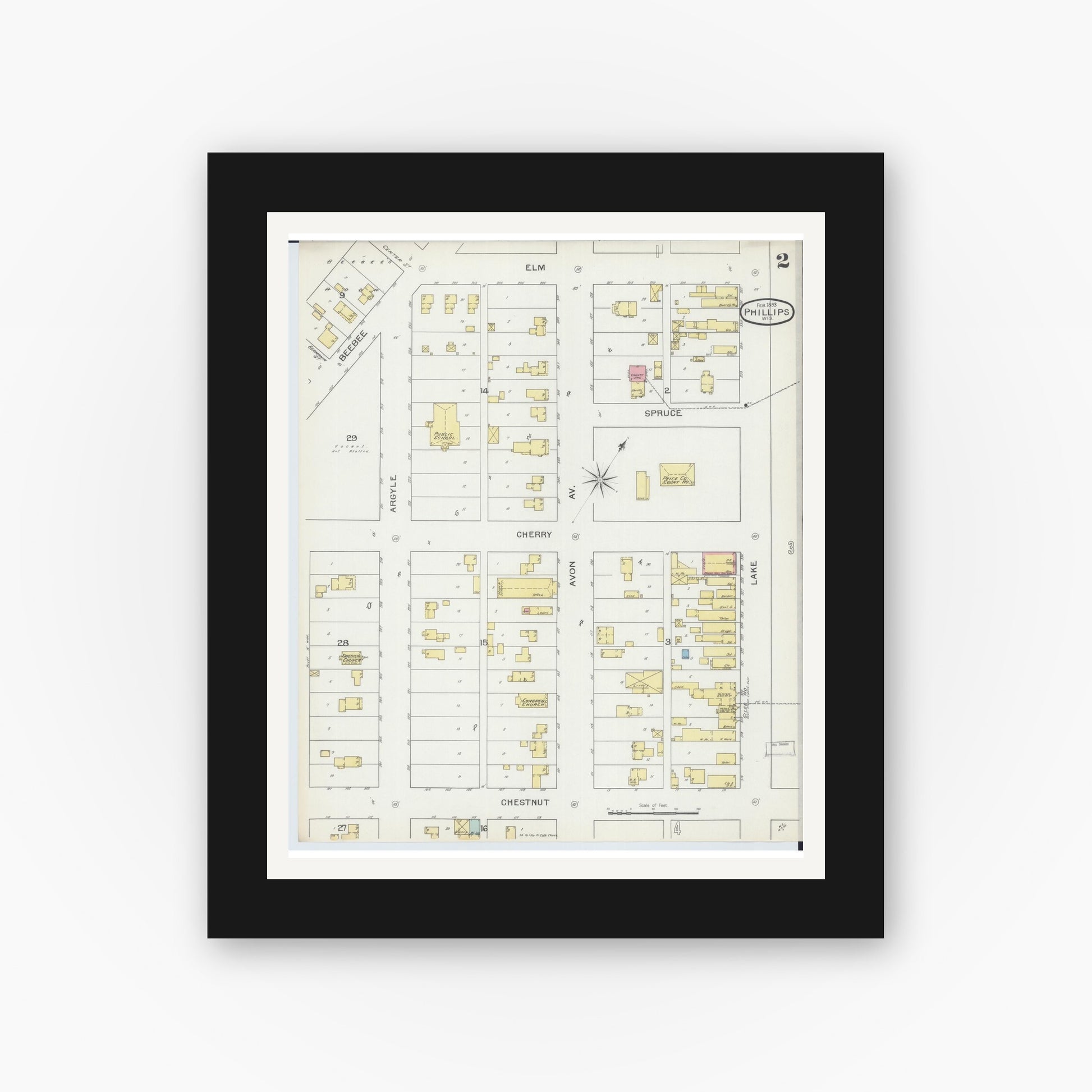 Old map wall art mockup — black gallery frame with white mat — Sanborn Fire Insurance Map from Phillips, Price County, Wisconsin (1893), Sheet #0002