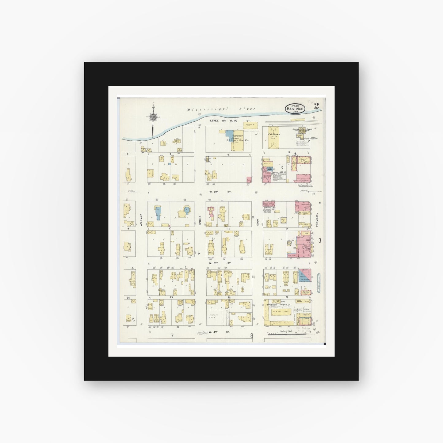 Old map wall art mockup — black gallery frame with white mat — Sanborn Fire Insurance Map from Hastings, Dakota County, Minnesota (1911), Sheet #0002
