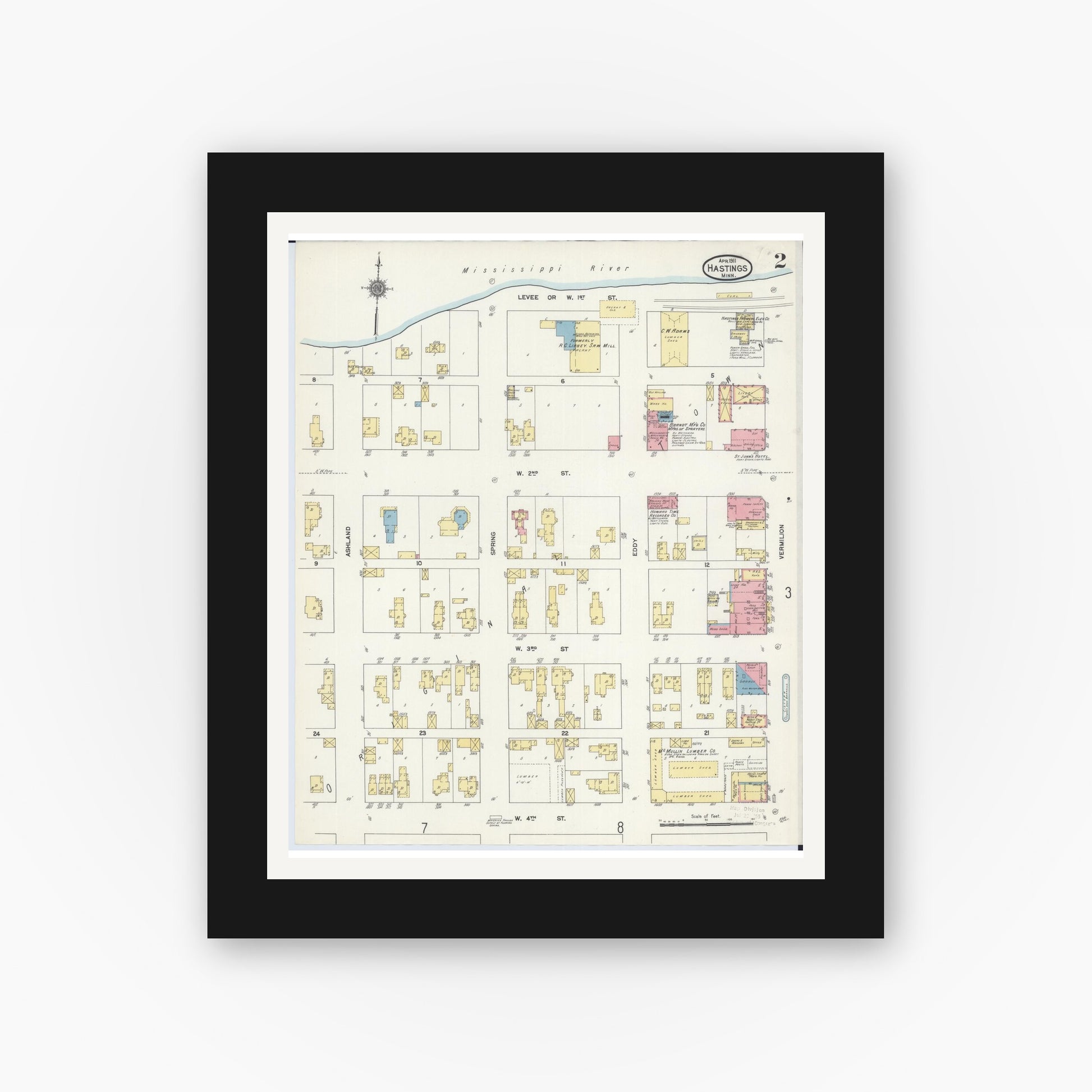 Old map wall art mockup — black gallery frame with white mat — Sanborn Fire Insurance Map from Hastings, Dakota County, Minnesota (1911), Sheet #0002