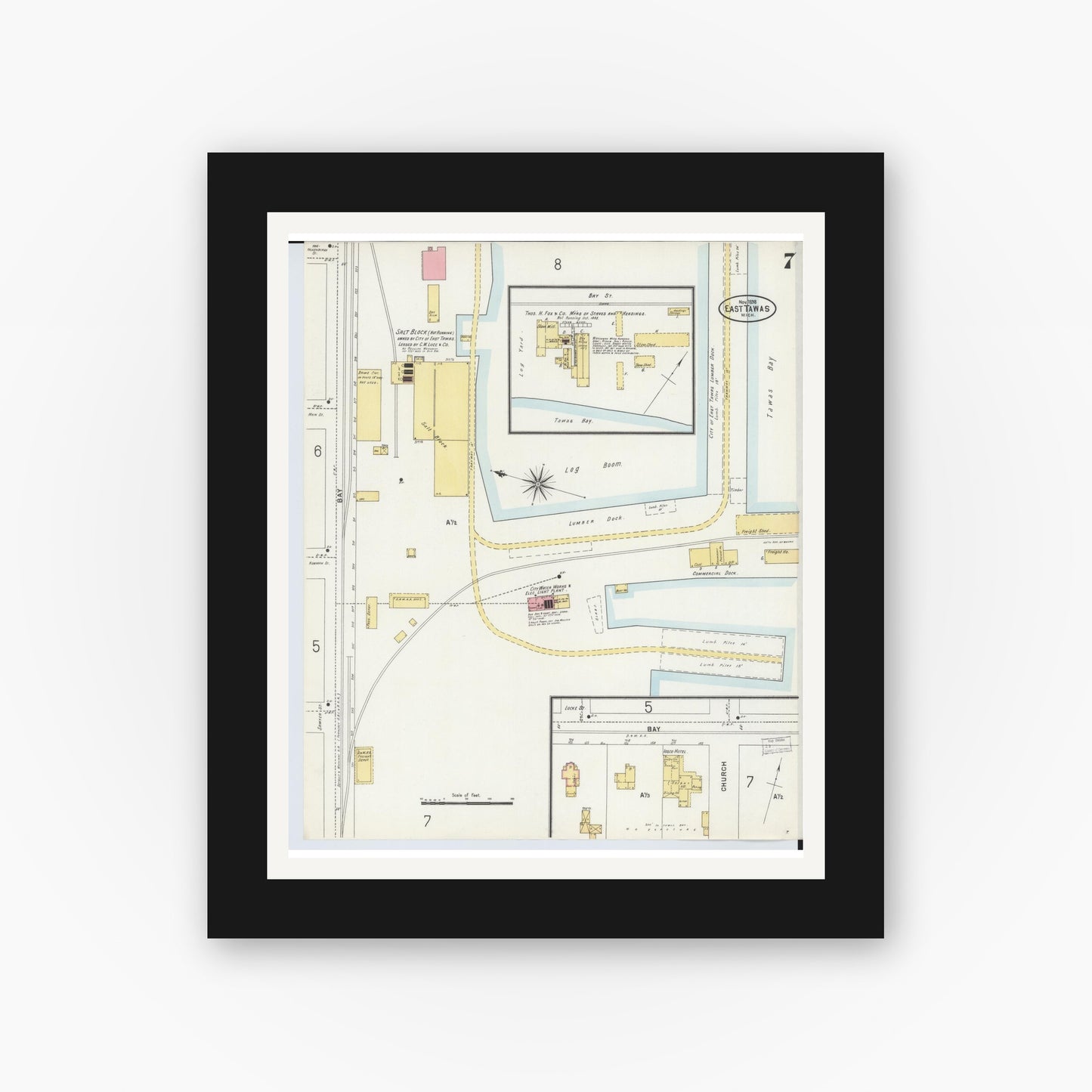 Old map wall art mockup — black gallery frame with white mat — Sanborn Fire Insurance Map from Tawas City, Iosco County, Michigan (1898), Sheet #0007