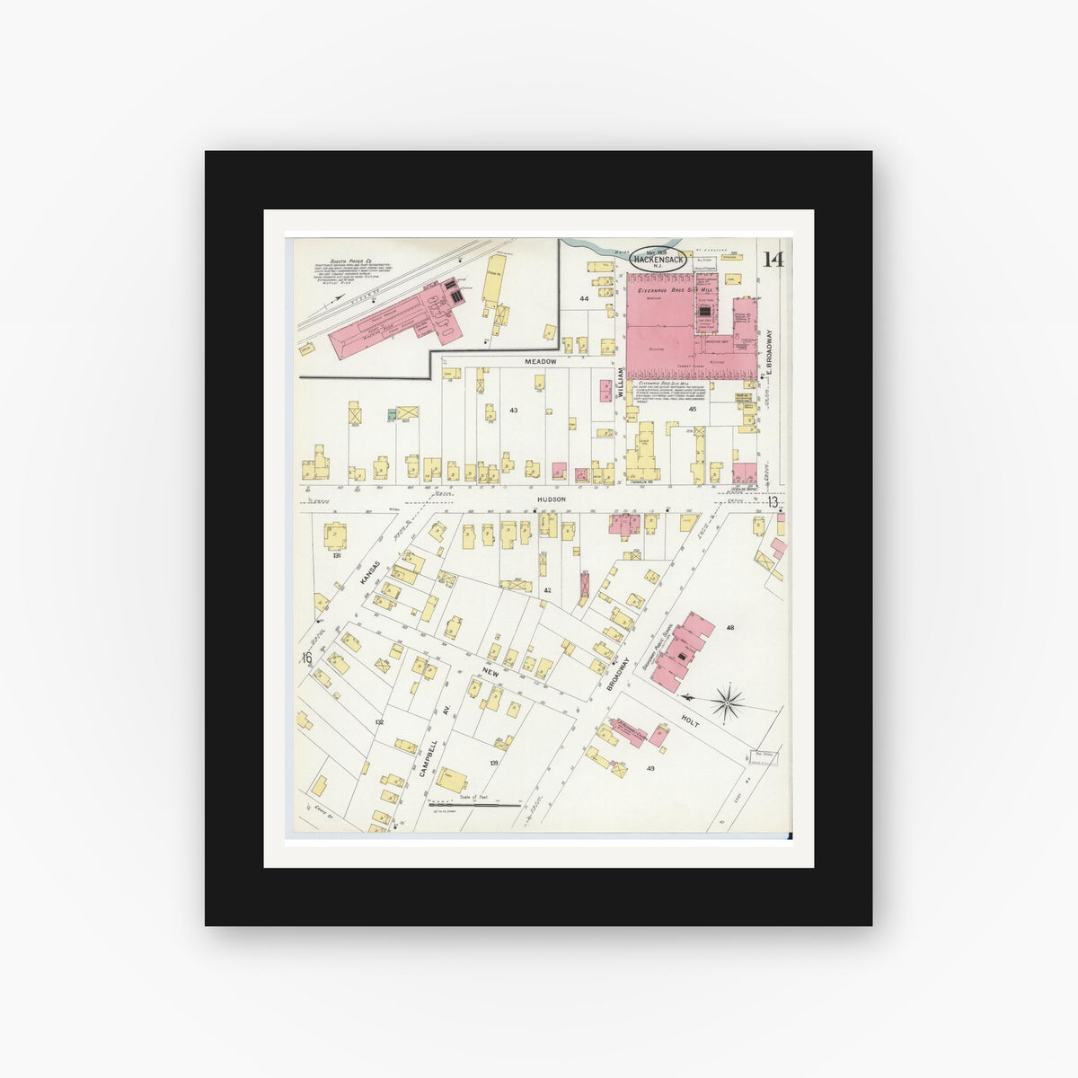 Old map wall art mockup — black gallery frame with white mat — Sanborn Fire Insurance Map from Hackensack, Bergen County, New Jersey (1908), Sheet #0014