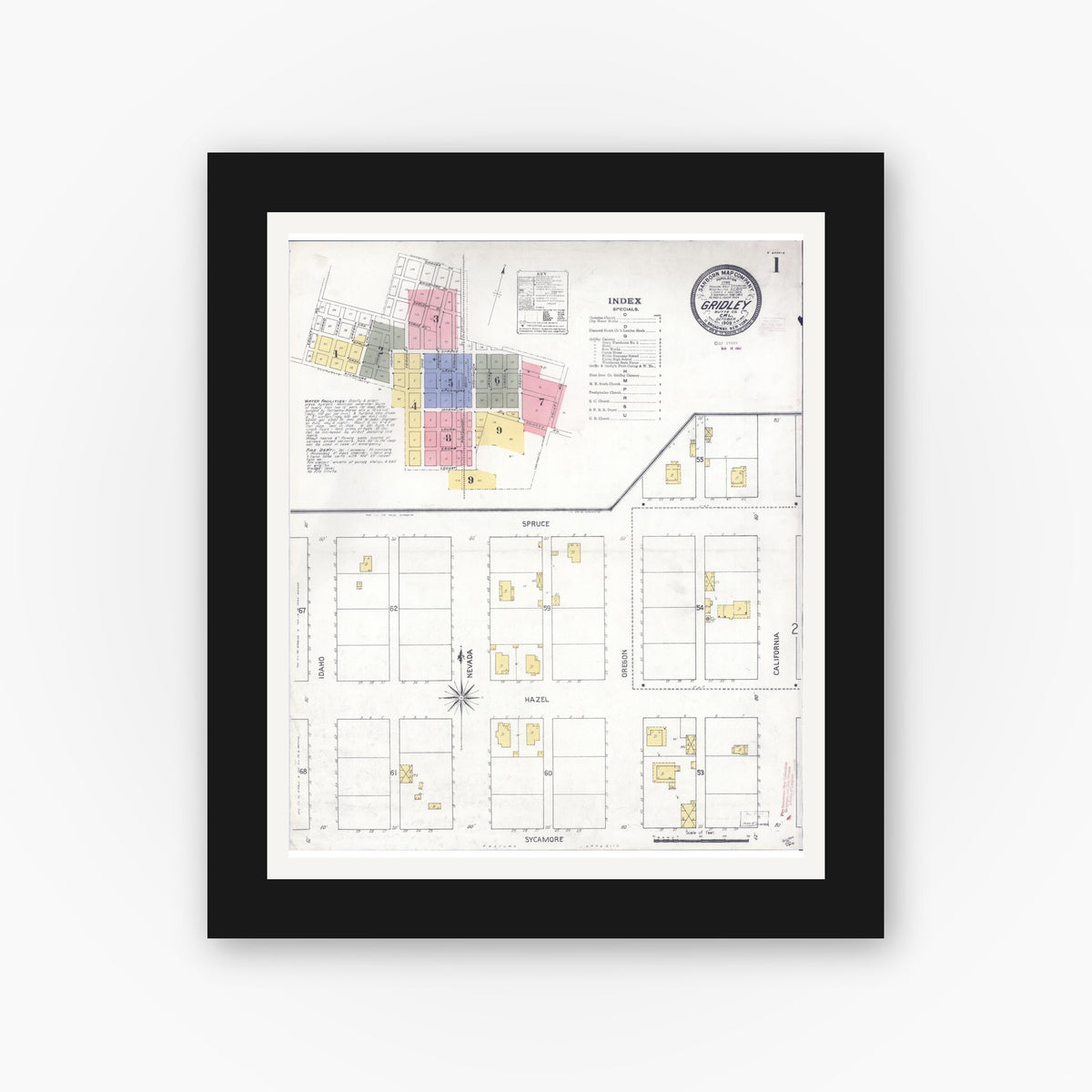 Old map wall art mockup — black gallery frame with white mat — Sanborn Fire Insurance Map from Gridley, Butte County, California (1909), Sheet #0001