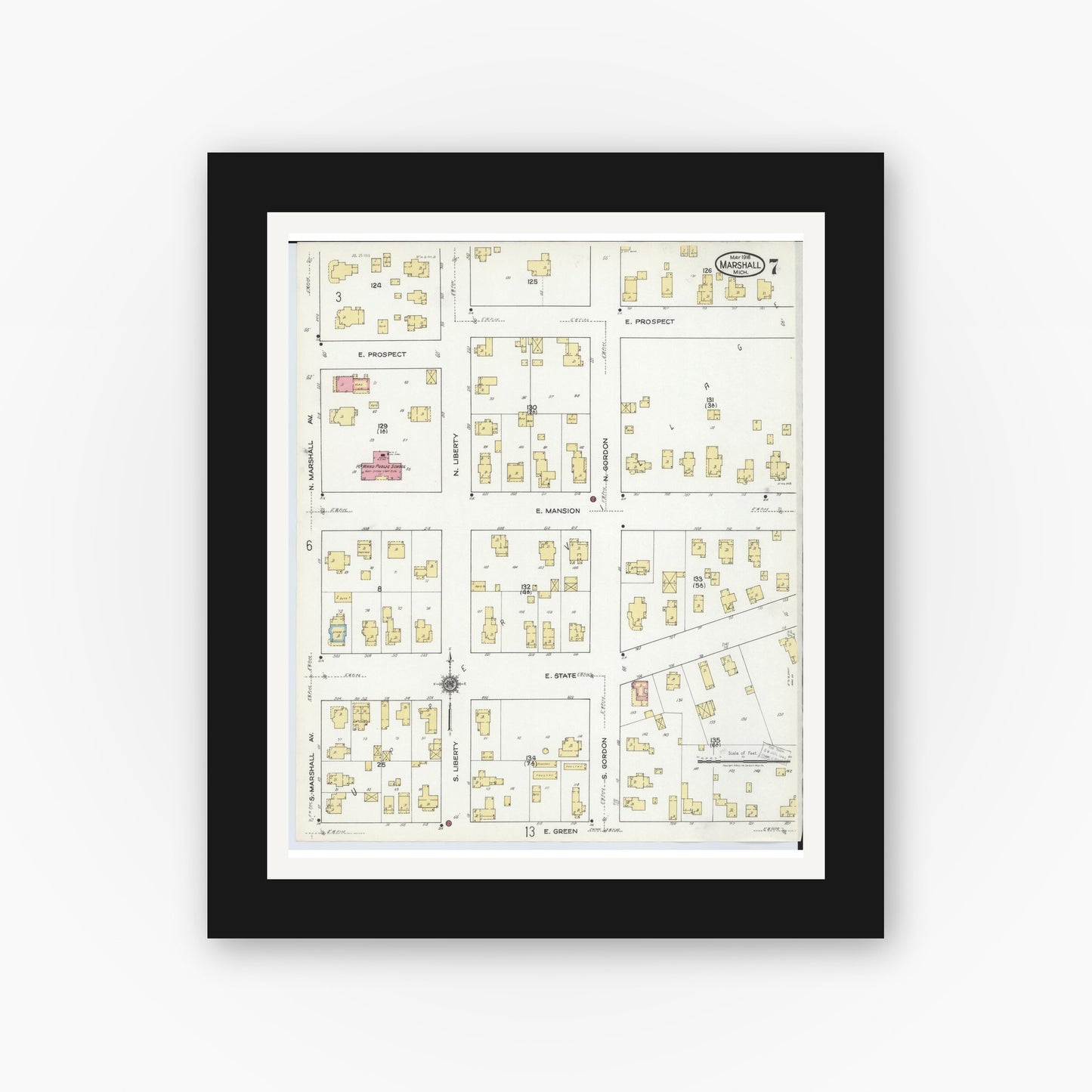 Old map wall art mockup — black gallery frame with white mat — Sanborn Fire Insurance Map from Marshall, Calhoun County, Michigan (1916), Sheet #0007